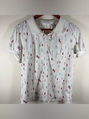 Vintage Liz Golf Polo Re White Blue L Cotton Stretch Golfing Ladies Print